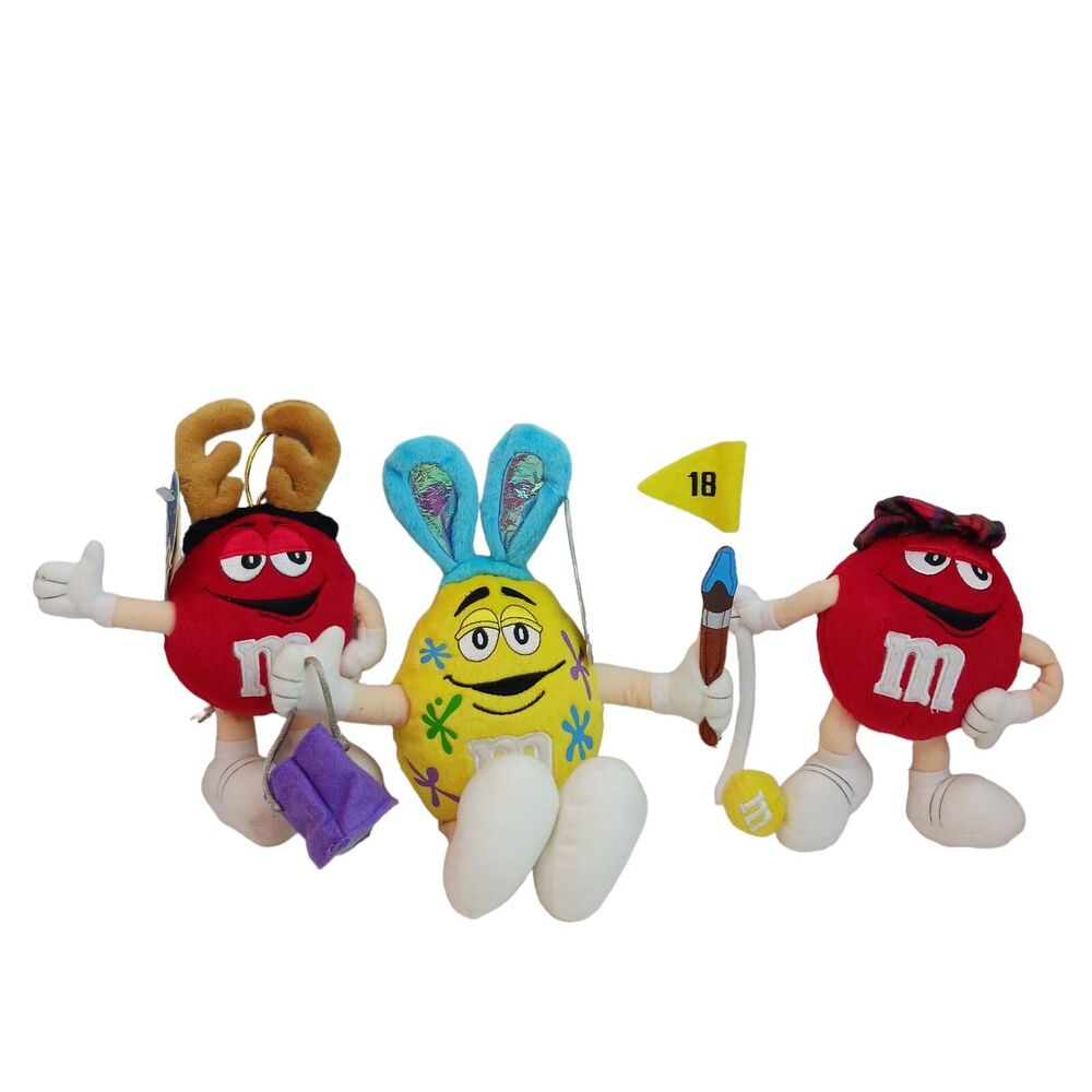 Vtg Lot of 3 M&M's Candy Plush Easter Bunny Ears Reindeer Golfer Yellow Red